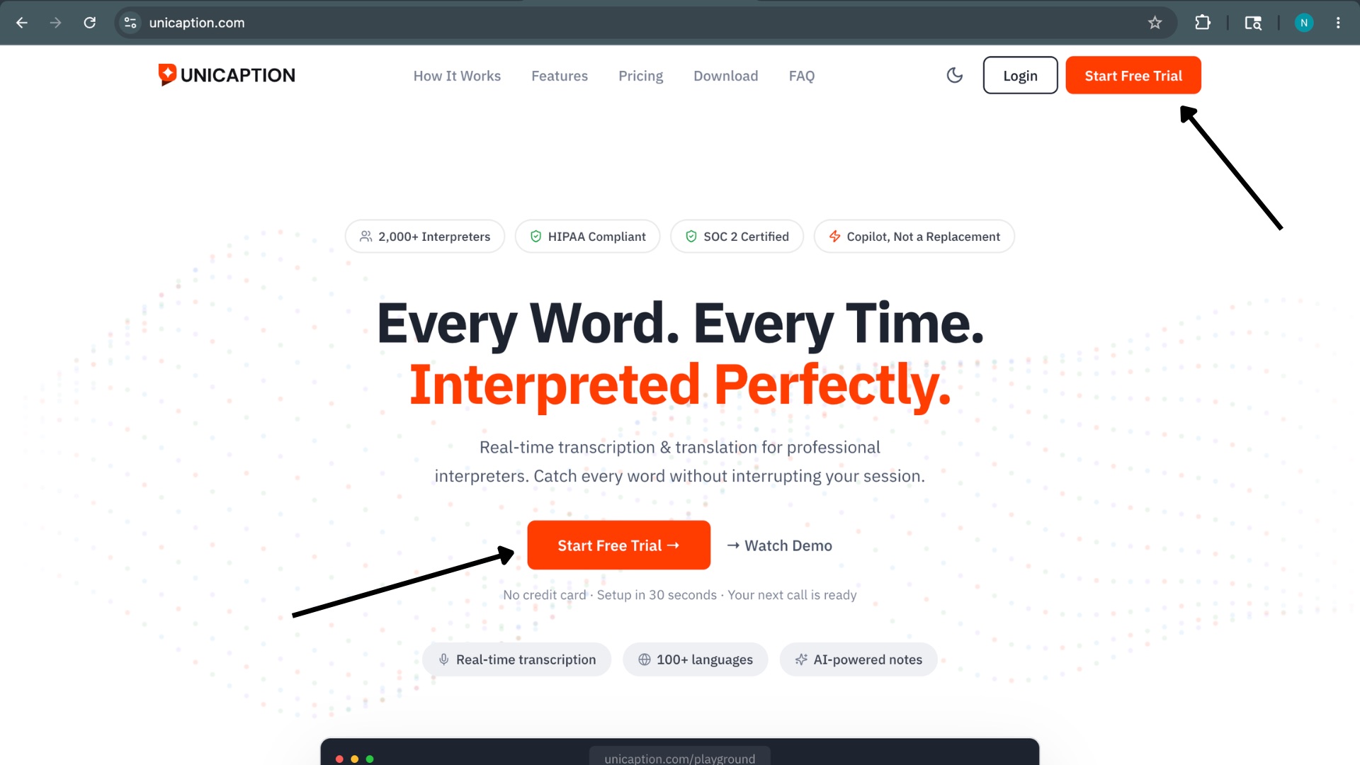 Unicaption homepage with Start Free Trial buttons