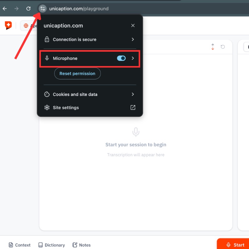 Chrome microphone toggle in site settings