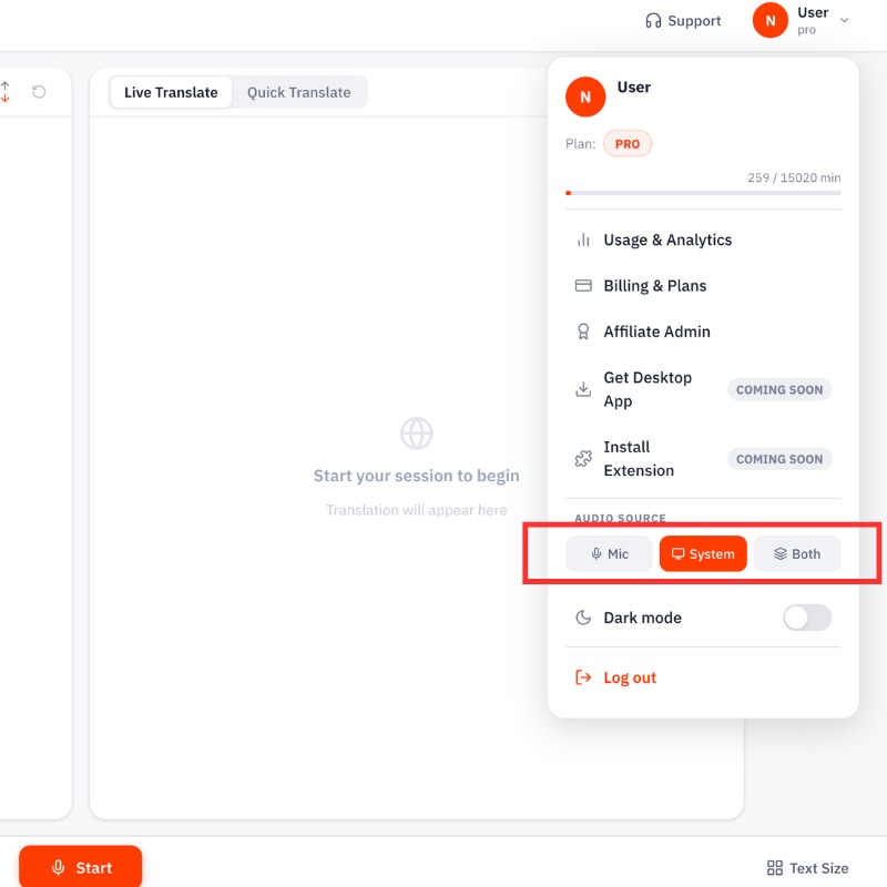 Audio source selector: Mic, System, Both