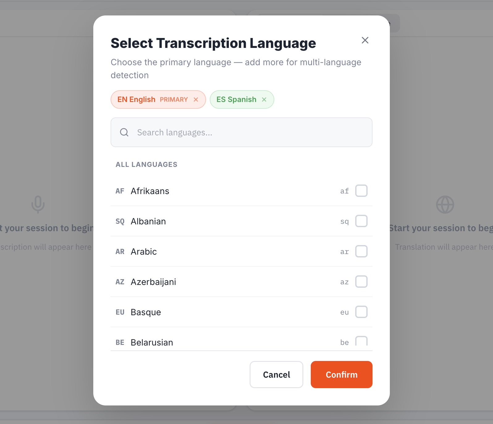 Select Transcription Language with English primary and Spanish
