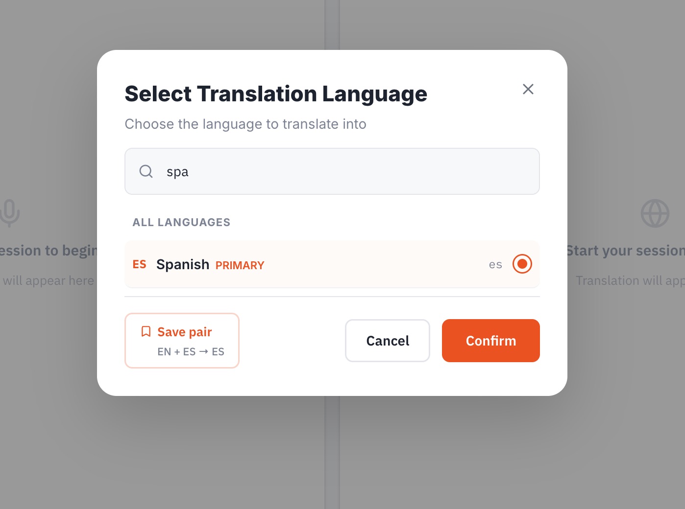 Select Translation Language with Save pair button