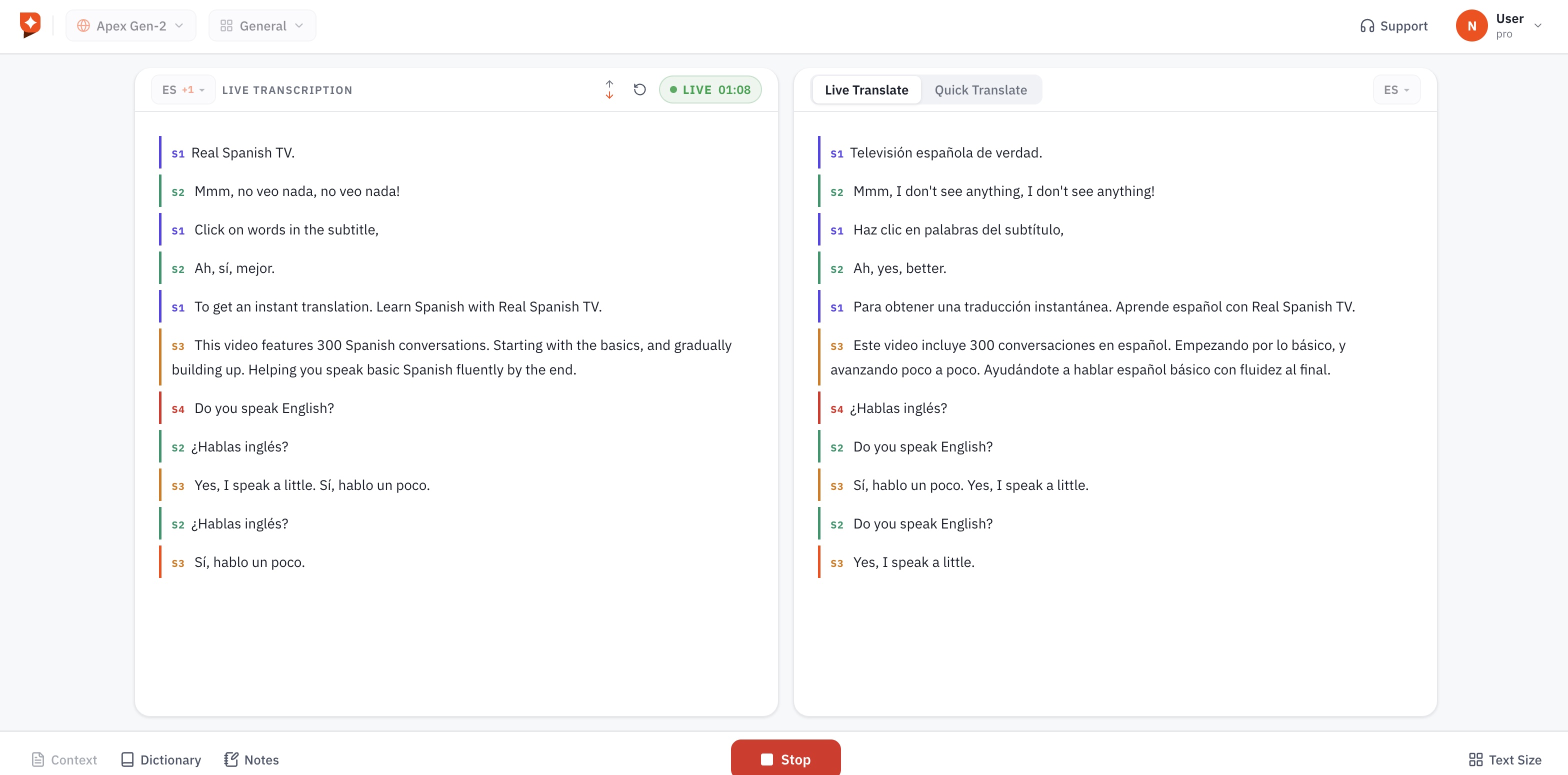 Live transcription and translation side by side